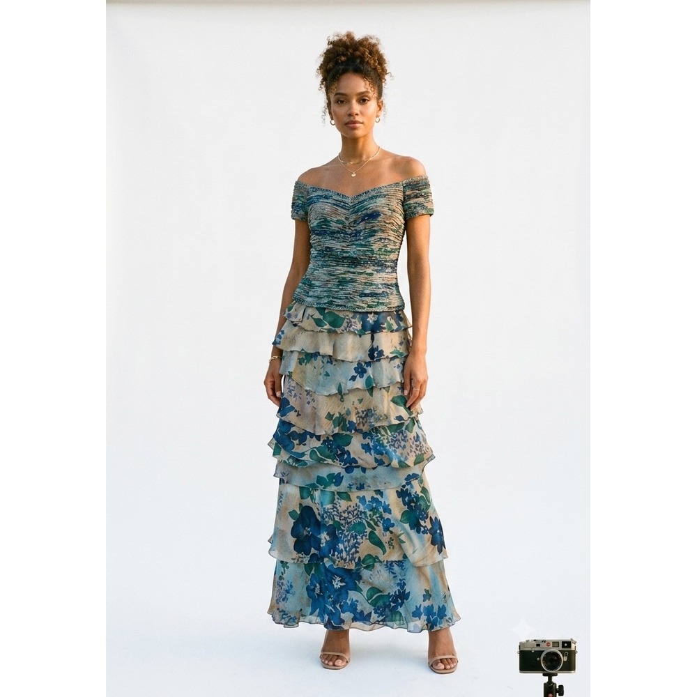VTG Montage by Mon Cheri Silk Beaded Tiered Ruffle Gown Dress S 100% Silk